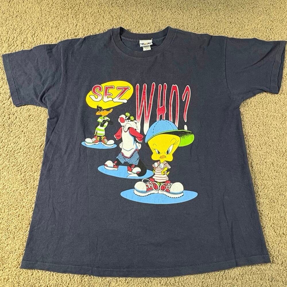 Vintage 90s Tweety Sylvester Daffy Sez Who? Looney Tunes Mens Size XL Navy Blue